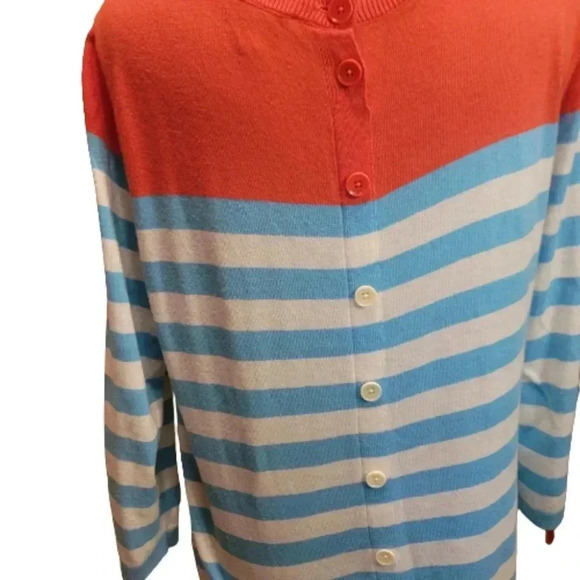 Talbott Petite Striped Sweater with button back. Coral/Blue/White - Picture 3 of 7
